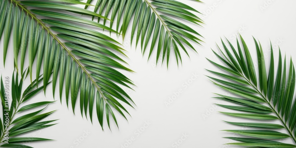 Tropical Palm Fronds Arranged on a Light Gray Background, Ideal for Summer Designs and Nature-Themed Projects Tropical Palm Fronds Arranged on a Light Gray Background, Ideal for Summer Designs and Nature-Themed Projects