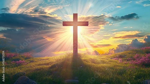 Sunset light and the holy cross of Jesus Christ and church summer retreat background landscape 4k video