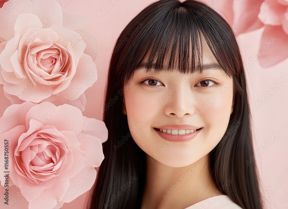 Beautiful Asian woman with long hair and bangs smiling next to a pink rose, white background Beautiful Asian woman with long hair and bangs smiling next to a pink rose, white background