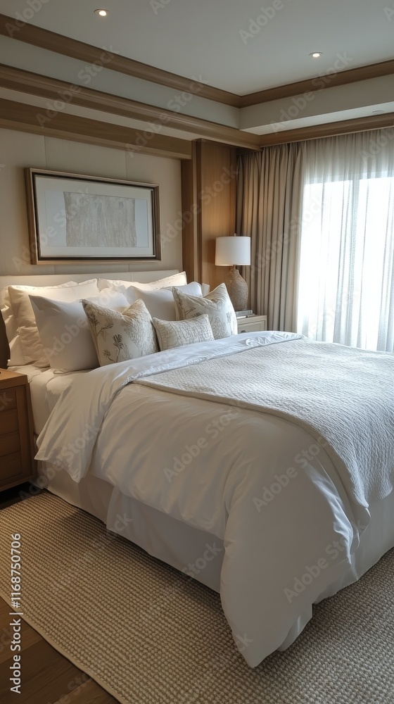 Cozy white bedding in a bright, airy bedroom with soft sunlight streaming through the curtains Cozy white bedding in a bright, airy bedroom with soft sunlight streaming through the curtains
