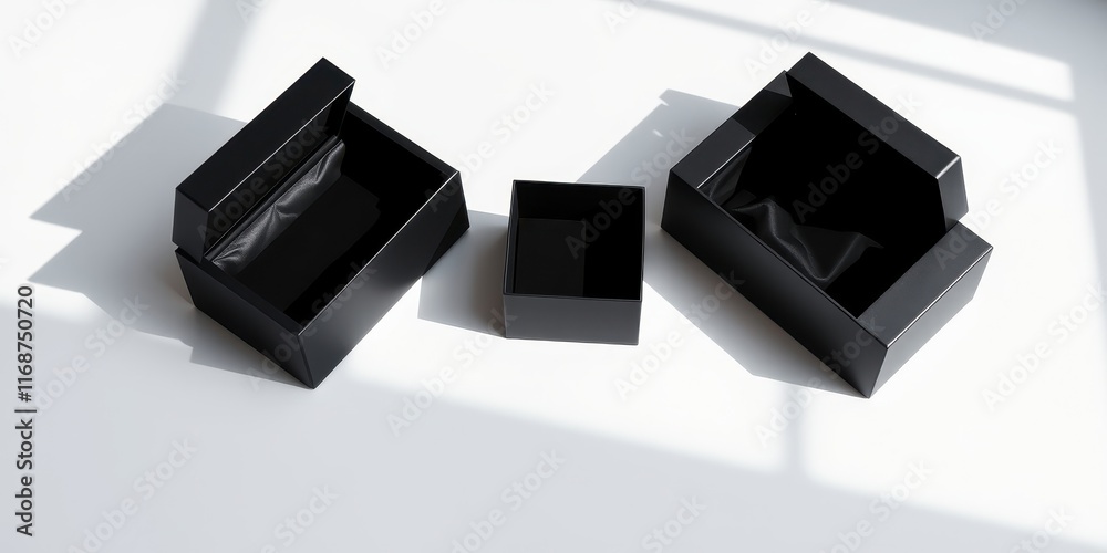Empty black gift boxes with soft interior lining, arranged on a bright white surface with sunlit shadows Empty black gift boxes with soft interior lining, arranged on a bright white surface with sunlit shadows