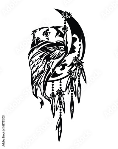 eagle owl head and wing with crescent moon - tribal style feathered dream catcher black and white vector design