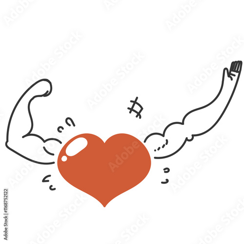 hand drawn doodle heart love with strong bicep