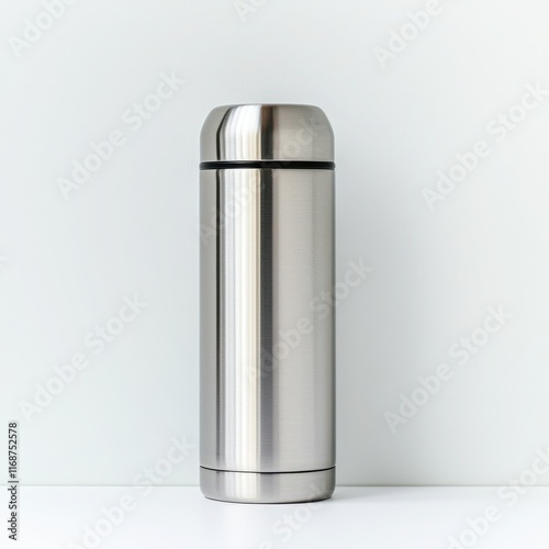Stylish stainless steel thermos bottle for hot or cold beverages on a minimal background.
