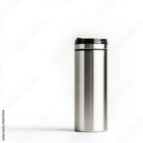 Sleek stainless steel thermos for hot beverages is great for travel and outdoor use. photo