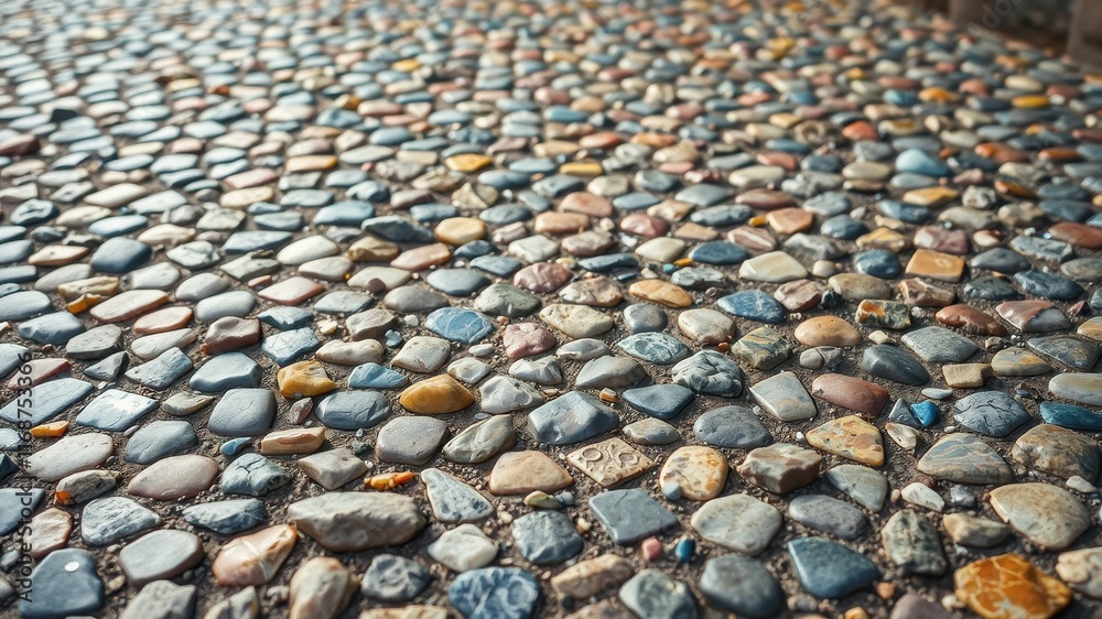 A Colorful Pebble Mosaic Pathway A Detailed Close-Up View of Smooth, Varied Stones Set in Mortar A Colorful Pebble Mosaic Pathway A Detailed Close-Up View of Smooth, Varied Stones Set in Mortar