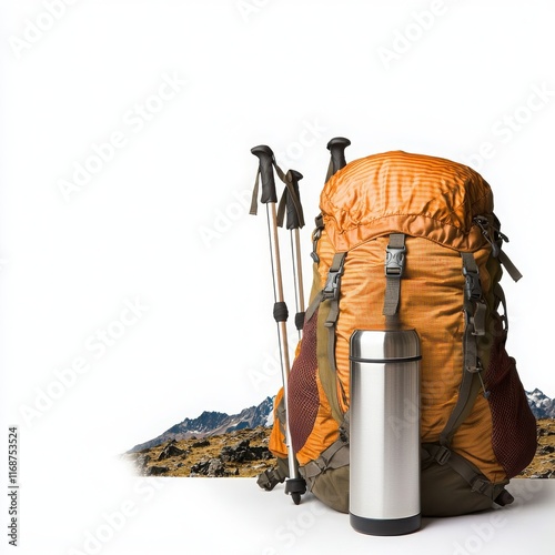 A vibrant orange backpack with trekking poles, ready for an outdoor adventure. photo