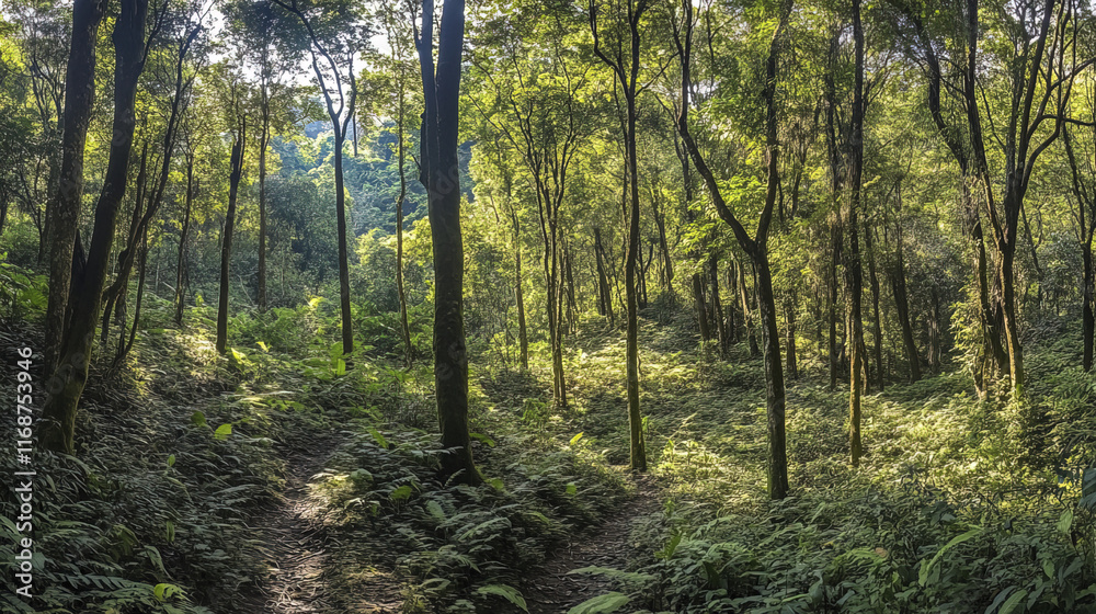 vibrant subtropical forest scene in Nepal with lush greenery and sunlight