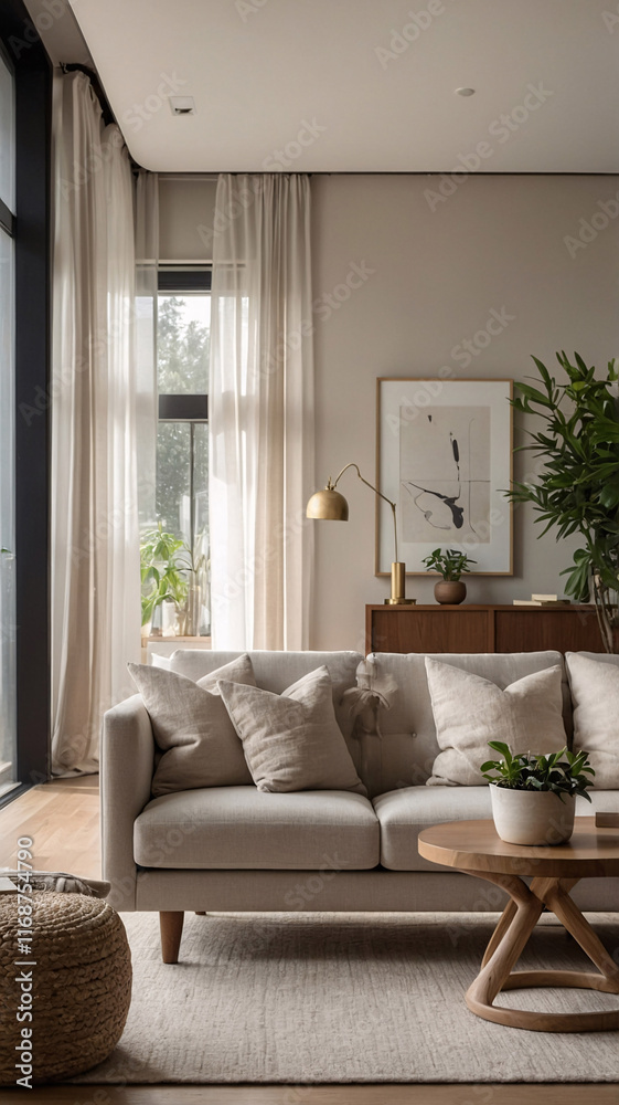 Fototapeta premium Spacious Classic Living Room with Beige Sofa Couch and Wide Windows Offering Natural Illumination Home Decor