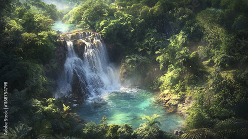 Aerial view of stunning waterfall surrounded by lush greenery and vibrant nature