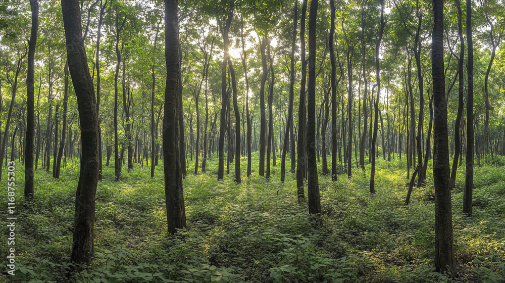 Dense subtropical forest in Nepal with tall trees and lush greenery Dense subtropical forest in Nepal with tall trees and lush greenery