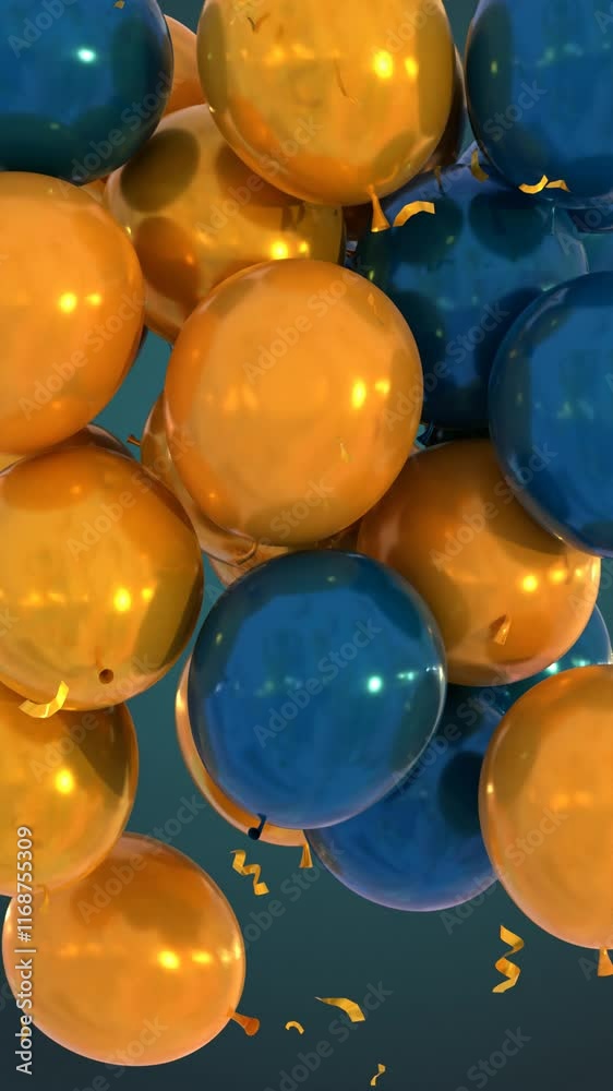 Happy birthday congratulation video, golden and emerald balloons flying up, falling down confetti on green background. Anniversary celebration animation