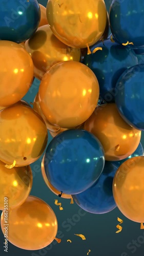Happy birthday congratulation video, golden and emerald balloons flying up, falling down confetti on green background. Anniversary celebration animation