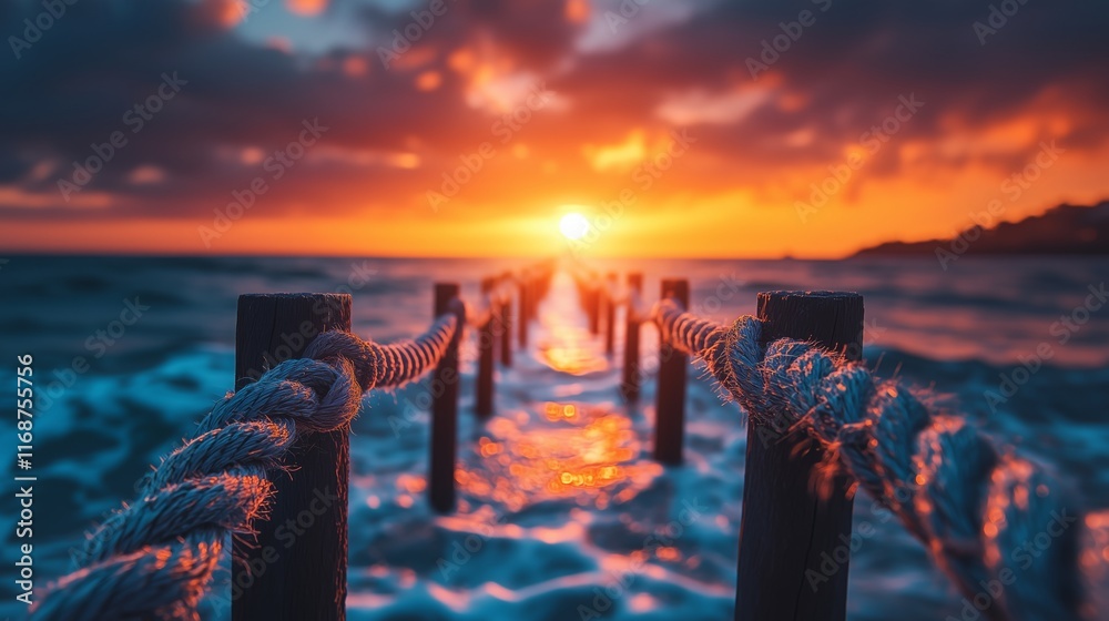 Fototapeta premium A stunning view of a rope-lined pier leading into the ocean at sunset, showcasing serene reflections and tranquil waves.