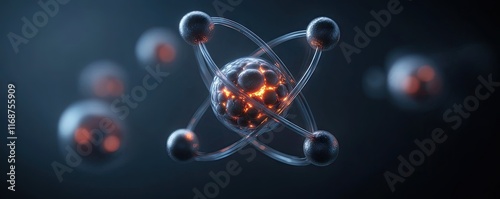 A 3D representation of an atom with glowing elements, illustrating atomic structure.