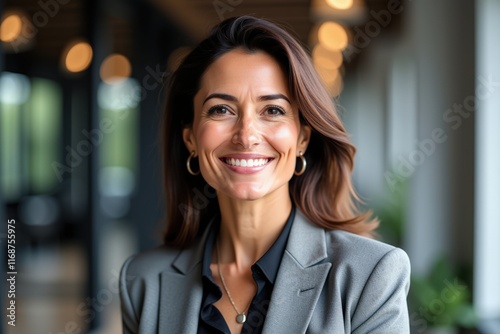 Wallpaper Mural Confident Businesswoman Smiling in Professional Office Setting, Perfect for Business Marketing or Inspirational Content Torontodigital.ca