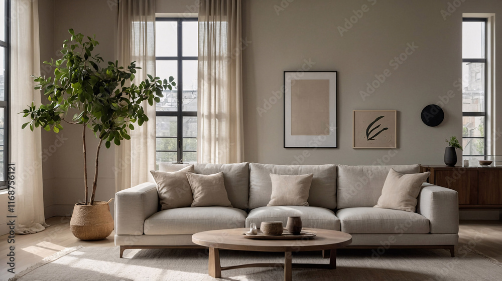 Fototapeta premium Timeless Beige Living Room with Comfortable Sofa Couch, Wide Windows, and Classic Aesthetic Home Decor