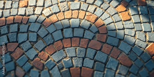 A Detailed Close-Up View of a Stone Mosaic Pavement Featuring a Curving Pattern of Blue and Orange Tiles