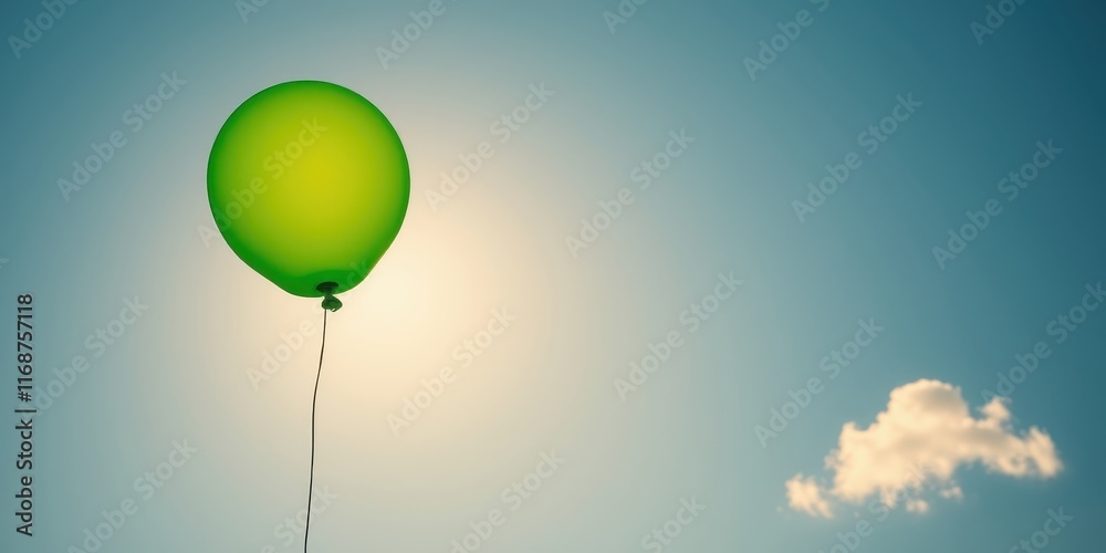 Obraz premium A single lime green balloon ascends into a vibrant, clear sky, a small cloud visible in the distance, suggesting hope and freedom.