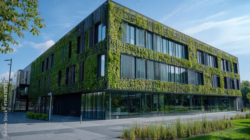 Modern Eco-Friendly Building Surrounded by Greenery Modern Eco-Friendly Building Surrounded by Greenery