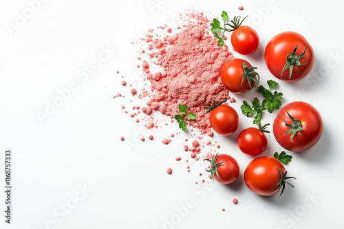 Frische Tomaten und tomatige Gewürze auf weißem Hintergrund

 photo