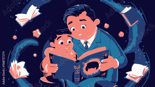 Father and Child Reading a Picture Book Together in Vintage Artwork Style