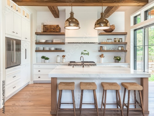 Modern Farmhouse Kitchen Island with White Cabinets and Wooden Beams photo