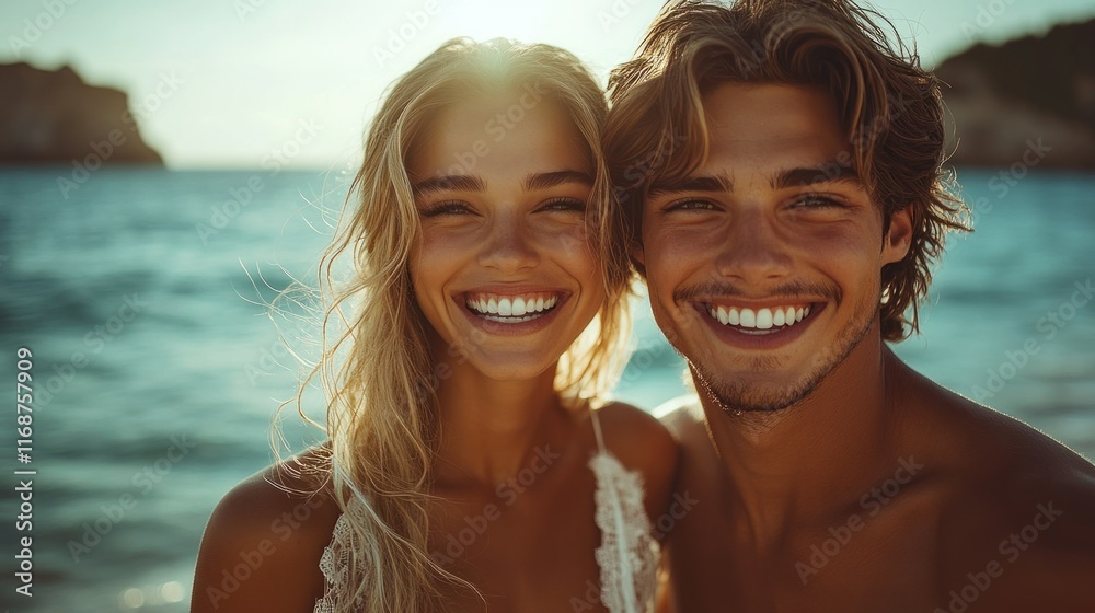 Happy couple smiling together at the beach. Happy couple smiling together at the beach.