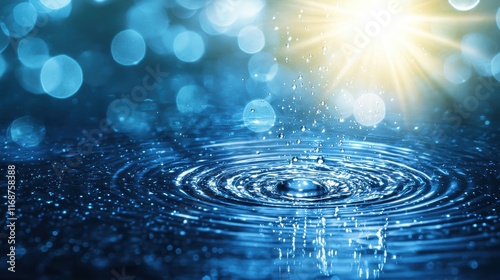 Captivating water droplets dance in sunlit blue background nature macro photography serenity