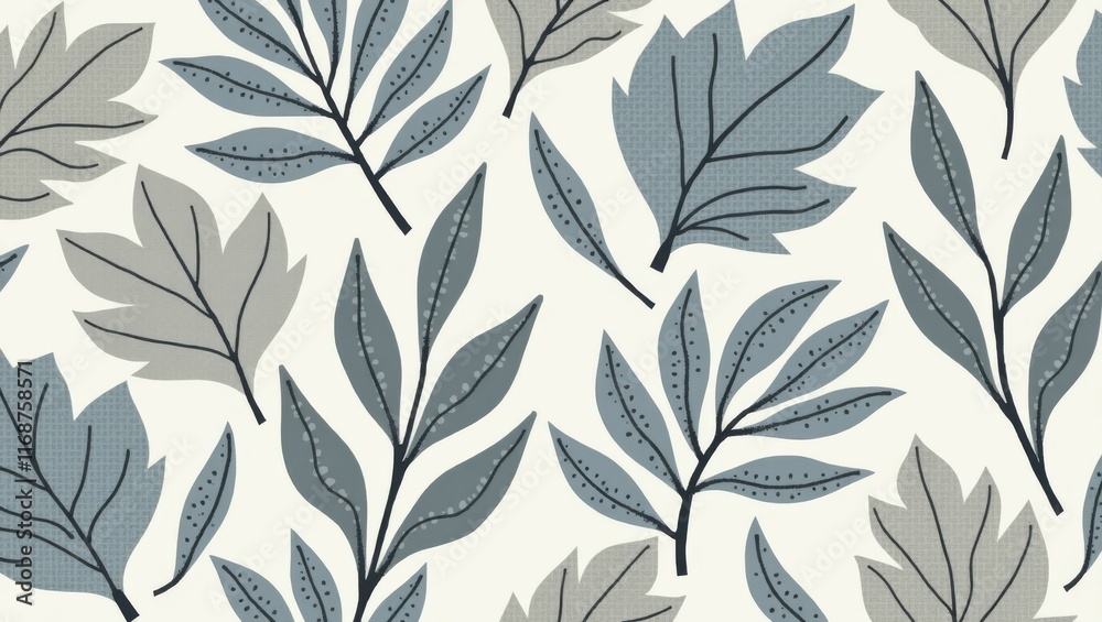 Seamless vector pattern of minimalist leaves in soft blue and gray tones. Ideal for fabric prints, wallpapers, and stationery with a nature-inspired theme. Seamless vector pattern of minimalist leaves in soft blue and gray tones. Ideal for fabric prints, wallpapers, and stationery with a nature-inspired theme.