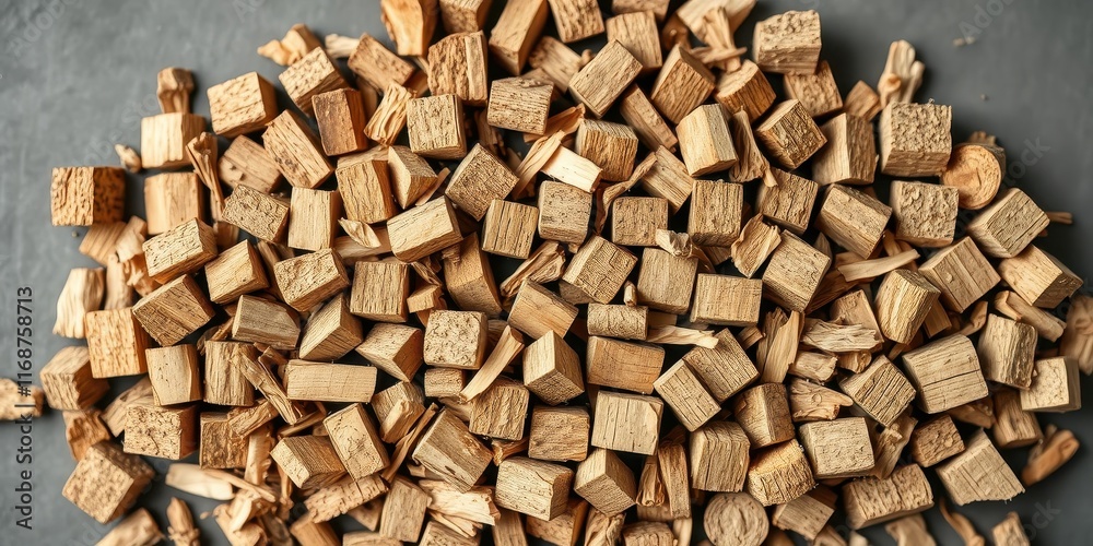 A profusion of small, light brown, uniformly-sized wooden blocks and wood chips rest on a dark gray surface A profusion of small, light brown, uniformly-sized wooden blocks and wood chips rest on a dark gray surface