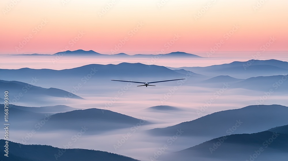 A serene glider soaring over misty mountains at dawn. A serene glider soaring over misty mountains at dawn.