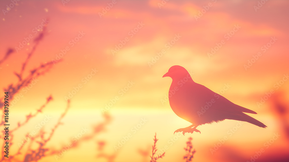 Dove silhouette glowing in a sunset sky with soft pink and orange hues. Symbols of Peace mockup, free space for text Dove silhouette glowing in a sunset sky with soft pink and orange hues. Symbols of Peace mockup, free space for text