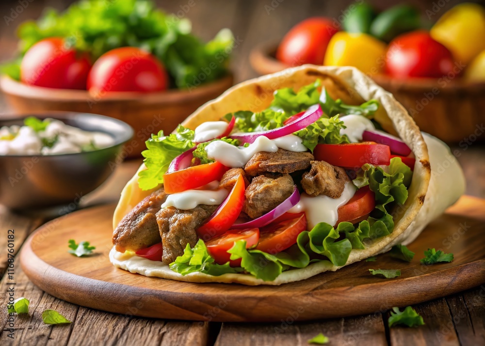 Fresh Gyro Meat, Vegetables, and Pita Bread with High Depth of Field Fresh Gyro Meat, Vegetables, and Pita Bread with High Depth of Field