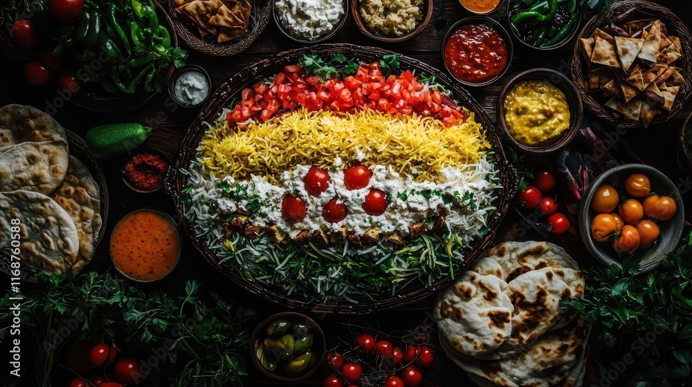 Festive indian feast platter vibrant table setting culinary art rustic kitchen top view celebration Festive indian feast platter vibrant table setting culinary art rustic kitchen top view celebration