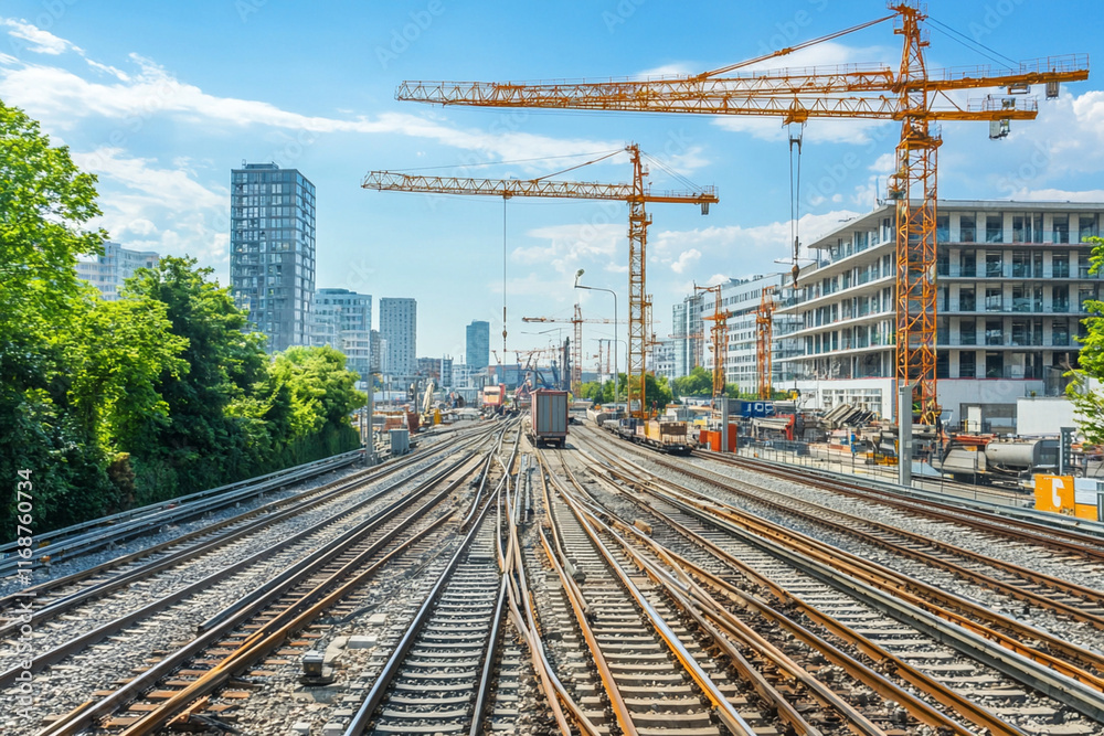 Industrial panorama with cranes and railway tracks Industrial panorama with cranes and railway tracks