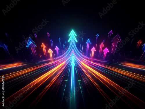 Neon arrows converge on a dark background, forming a dynamic upward path symbolizing growth and progress.  The vibrant colors and light trails create a sense of speed and energy. photo