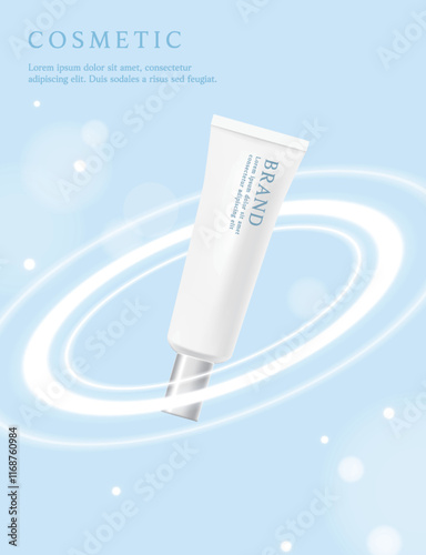 Cosmetic product ads template on blue shiney background with ring of light.