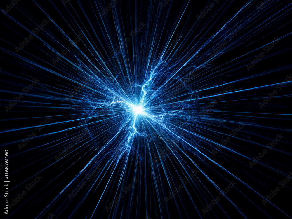 A mesmerizing burst of blue energy explodes from a central point, radiating outward in a starburst pattern against a deep black background. The fractal-like lightning branches create a dynamic and po A mesmerizing burst of blue energy explodes from a central point, radiating outward in a starburst pattern against a deep black background. The fractal-like lightning branches create a dynamic and po