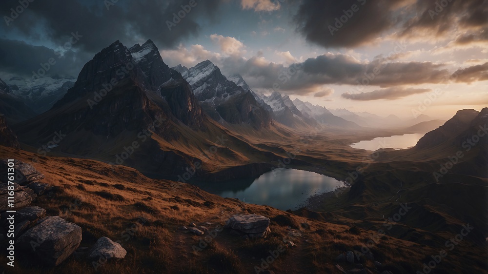 Obraz premium Golden Hour Mountain Lake: A majestic mountain range stands tall against a dramatic sky, with a serene lake reflecting the golden hues of sunset. The rugged landscape evokes a sense of awe and wonder.