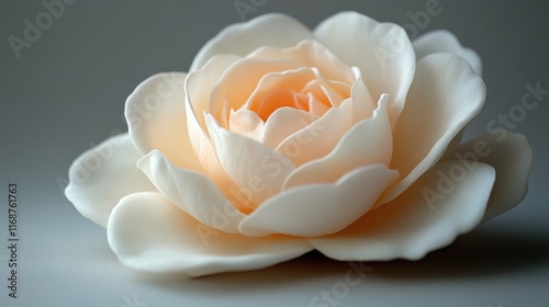 Delicate white flower with soft pink undertones displayed elegantly on a neutral background during a well-lit setting. Generative AI photo