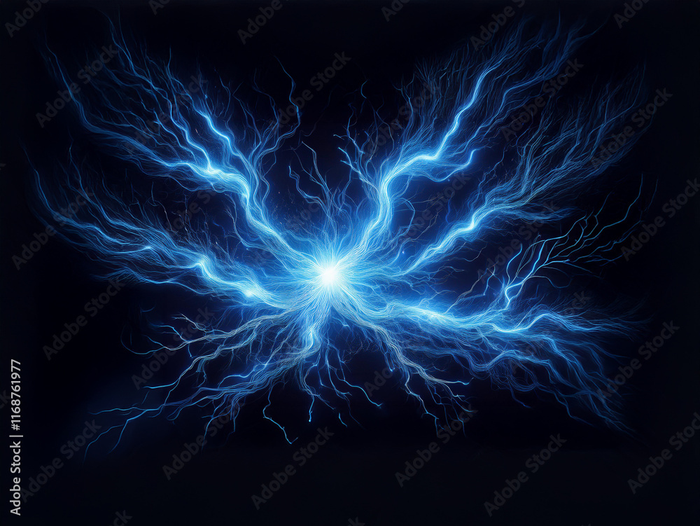 Fototapeta premium Intense blue energy bursts from a central point, resembling a radiant fractal pattern against a dark background. The glowing light branches out in intricate, lightning-like formations.