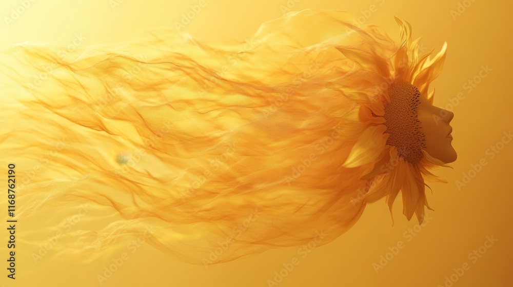 Creative depiction of a woman with sunflower hair flowing against a warm yellow background at sunset. Generative AI Creative depiction of a woman with sunflower hair flowing against a warm yellow background at sunset. Generative AI