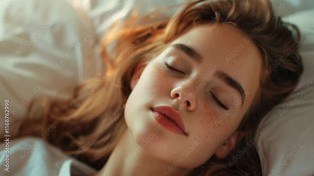 This young person peacefully asleep in a comfortable bed, surrounded by soft pillows and natural light.
