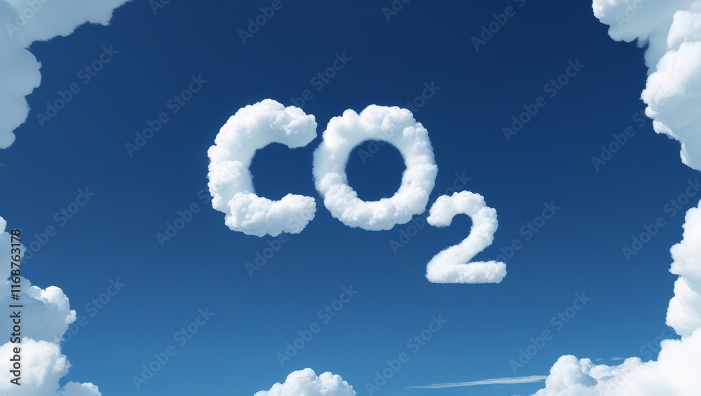 A blue sky with white clouds forming the chemical formula CO2, symbolizing the concept of air pollution A blue sky with white clouds forming the chemical formula CO2, symbolizing the concept of air pollution