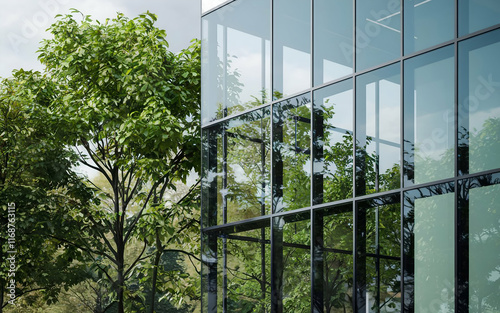 Green Buildings promoting energy efficiency, modern Sustainable glass office building with trees. Eco-friendly building for green environment.