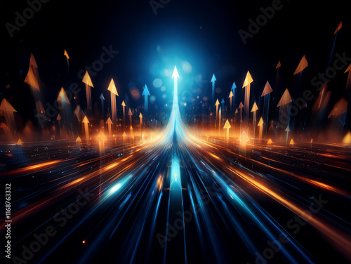 A vibrant, upward-trending arrow path, glowing brightly against a dark background, symbolizes growth, progress, and the journey to success.  Surrounding smaller arrows add depth and reinforce the upwa