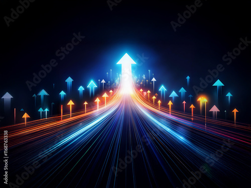 Glowing arrows converge on a bright central arrow, symbolizing upward trajectory, progress, and future success.  A dynamic path of light leads towards achievement. photo