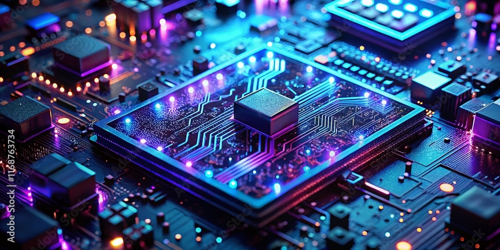 Fototapeta premium Futuristic AI Circuit Board Glowing at Night