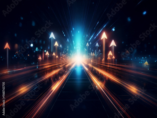 Glowing arrows ascend a futuristic highway of light streaks, symbolizing growth and progress in a digital realm.  The vibrant colors evoke dynamism and speed.
